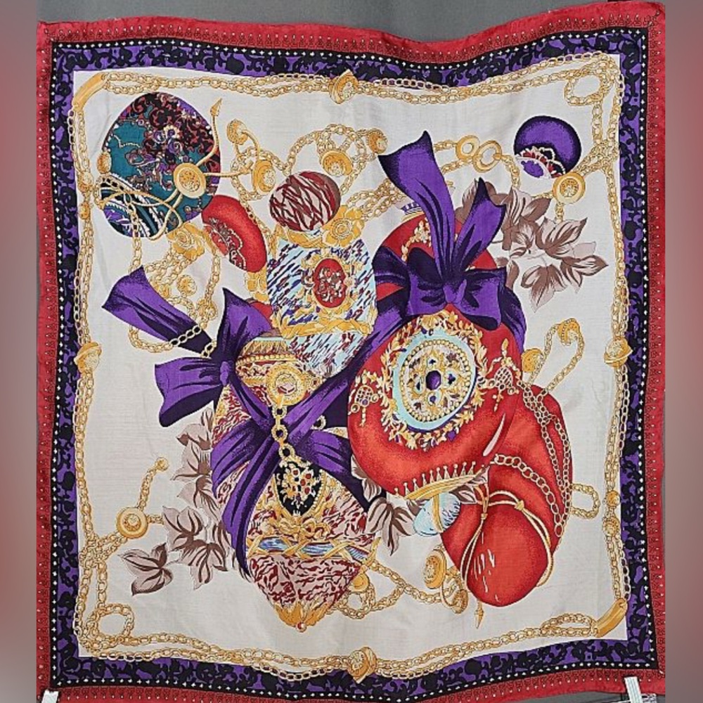 Festive Faberge Ornaments & Gold Chains 100% Silk Scarf~Park Lane 25”x 25”